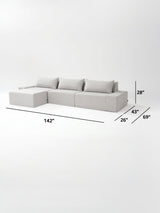 Modo 3 piece (142") sofa with ottoman dimensions: 142" W x 69" D x 28" H