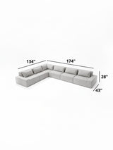 Modo 6-piece Classic modular sectional sofa dimensions: 134" x 174" sides, 43" deep, 28" high