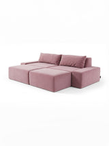 Modo 2 piece (102") sofa with 2 ottomans in faded rose pink velvet, studio photo