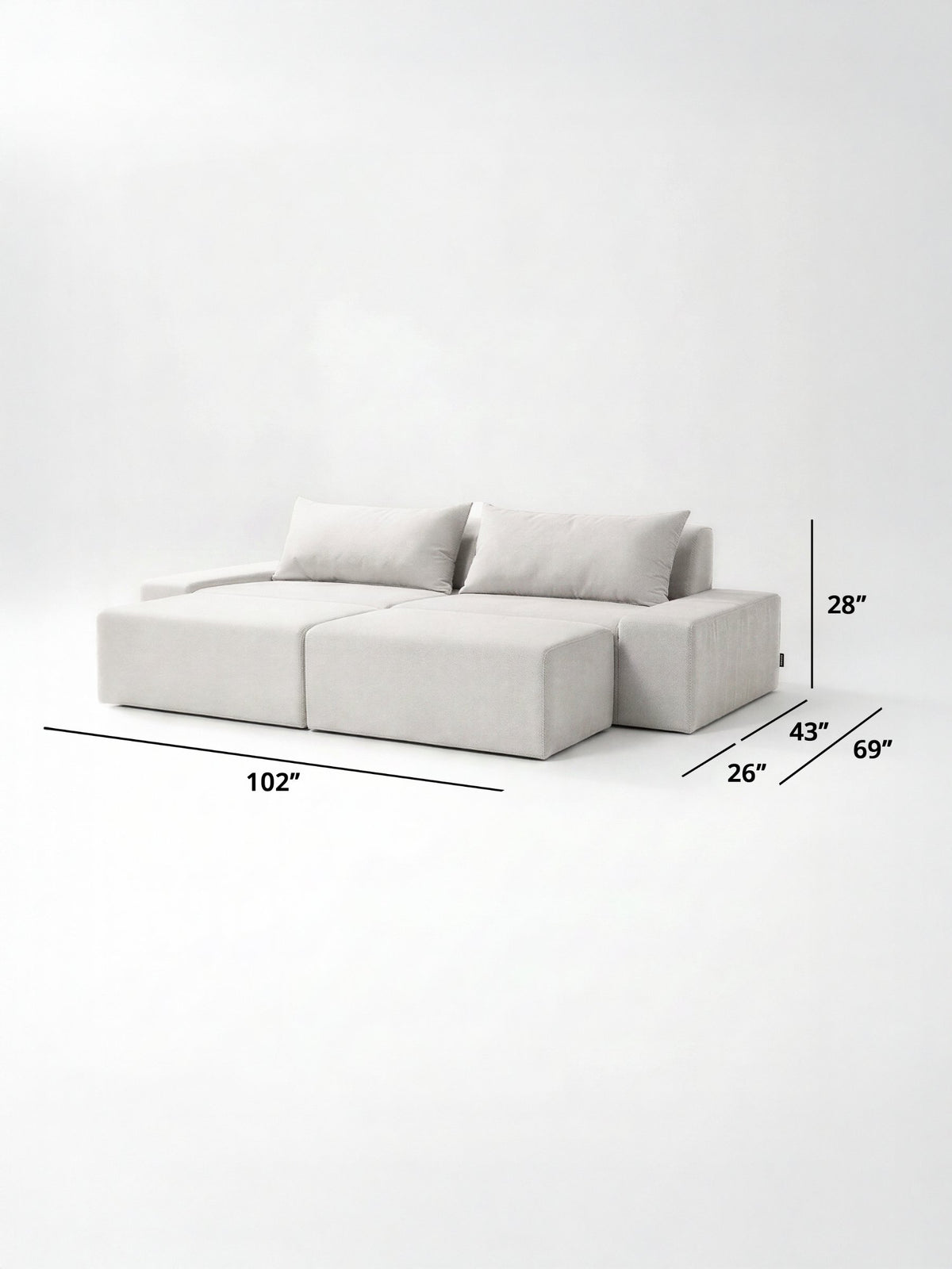 Modo 2 piece (102") sofa with ottomans dimensions: 102" W x 69" D x 28" H