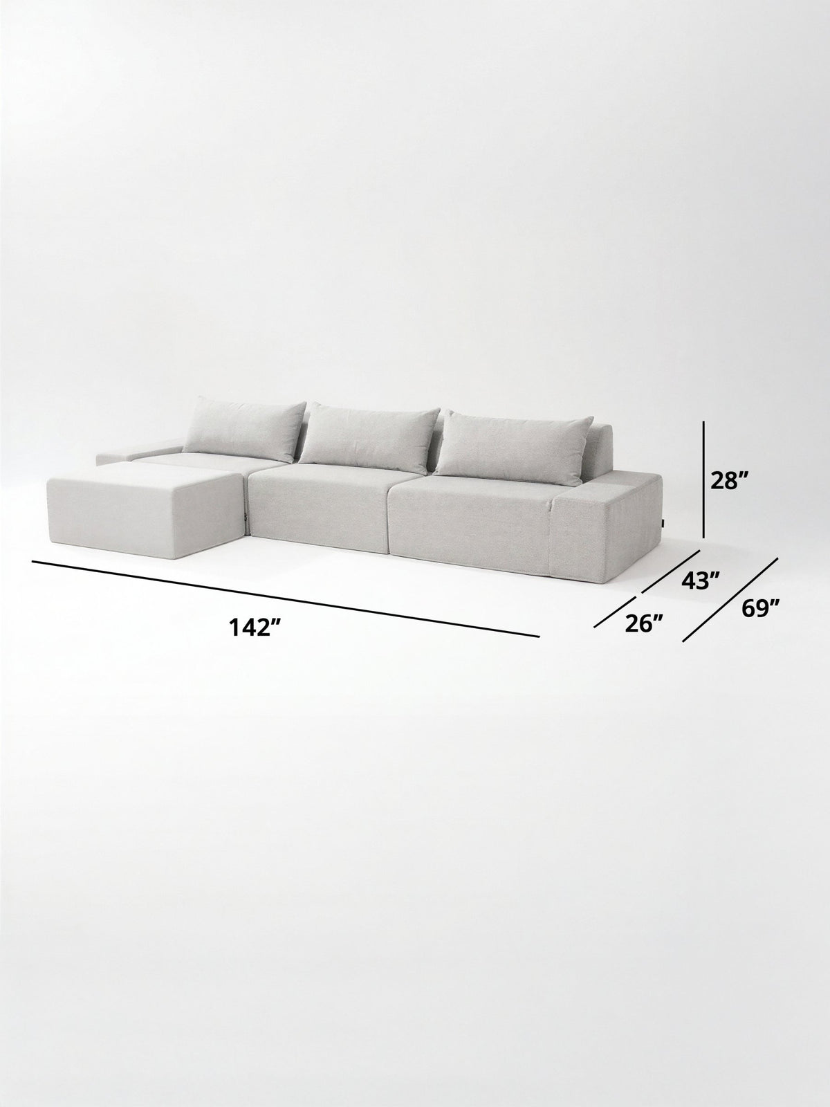 Modo 3 piece (142") sofa with ottoman dimensions: 142" W x 69" D x 28" H