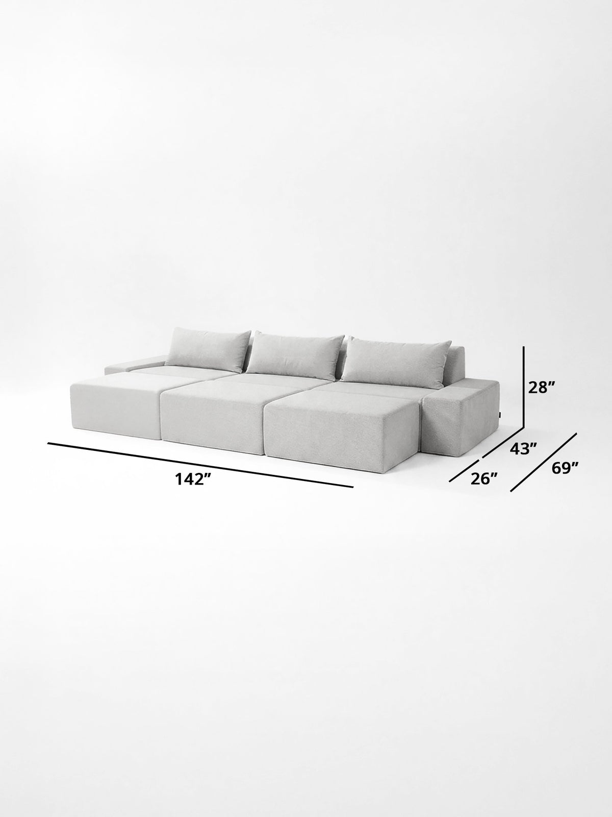 Modo 3 piece (142") sofa with ottomans dimensions: 142" W x 69" D x 28" H