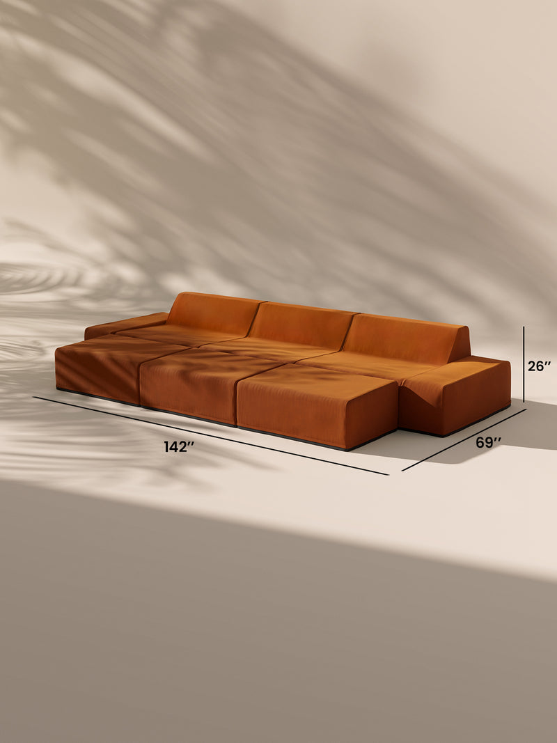 Modo 3 Piece (142") Sofa + 2 Ottoman - Velvet - Tangerine