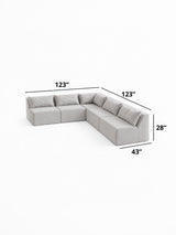 Modo 5-piece armless modular sectional sofa dimensions: 123" x 123" sides, 43" deep, 28" high