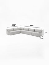 Modo 6-piece armless modular sectional sofa dimensions: 123" x 163" sides, 43" deep, 28" high