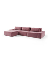 Modo 3 piece (142") sofa with ottoman in faded rose pink velvet, alternate studio view