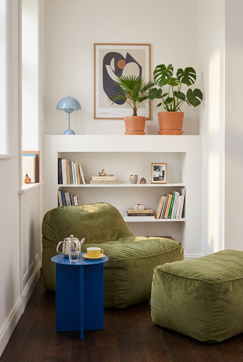 Reading corner: Chair and ottoman shown in Moss