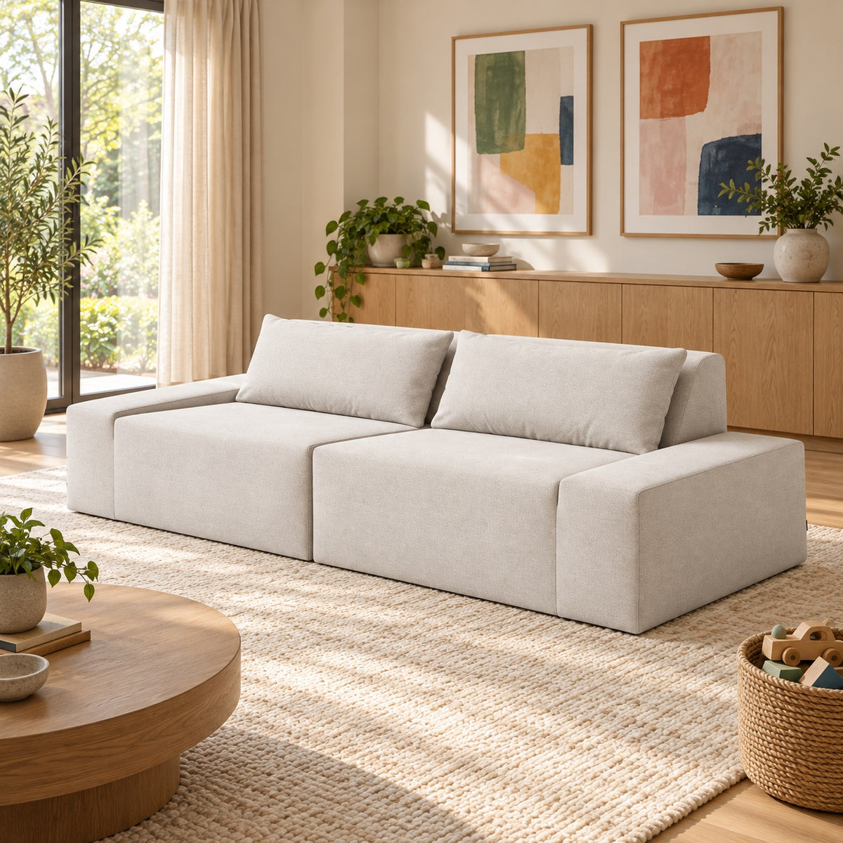 Family room: 2 Piece (102") Sofa shown in Natural performance fabric