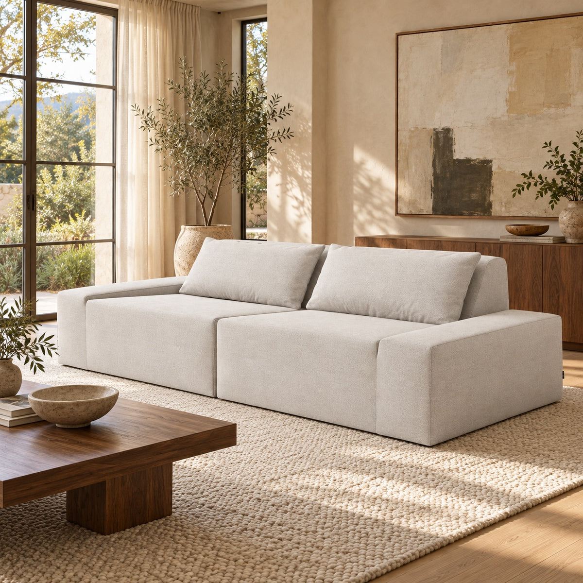 Living room: 2 Piece (102") Sofa shown in Natural performance fabric