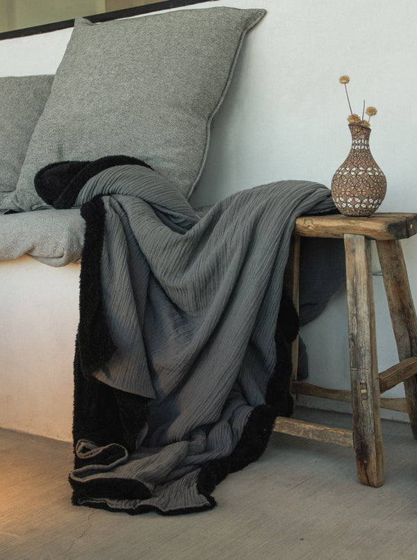 Cotton Gauze and Fleece Throw Blanket in Charcoal Gray