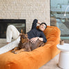 A person lounging on an orange velvet divan with a dog on their lap, in a room with a fireplace and glass door.